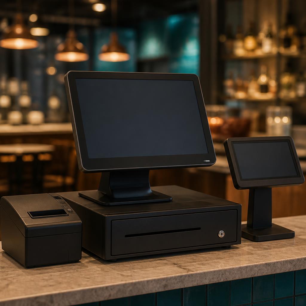 A generic unbranded full point-of-sale system with a main screen, customer-facing display, cash drawer and receipt printer on a bar counter.