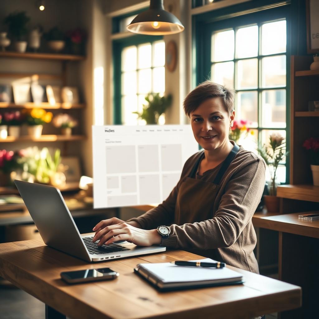 A shop owner sitting with a laptop at a wooden workbench in an independent shop, sketching a website layout.