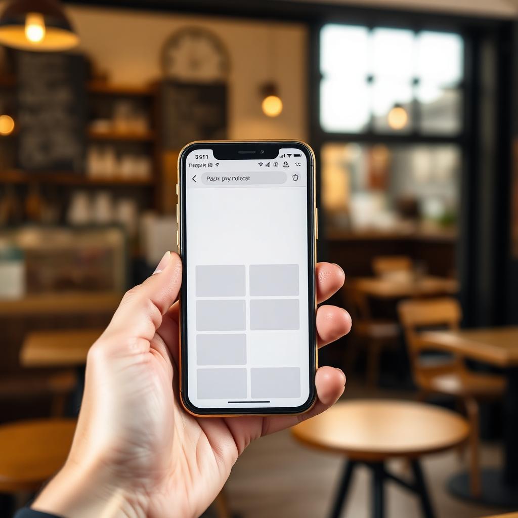 A phone held in hand, showing a clean website in front of a blurred independent café interior.
