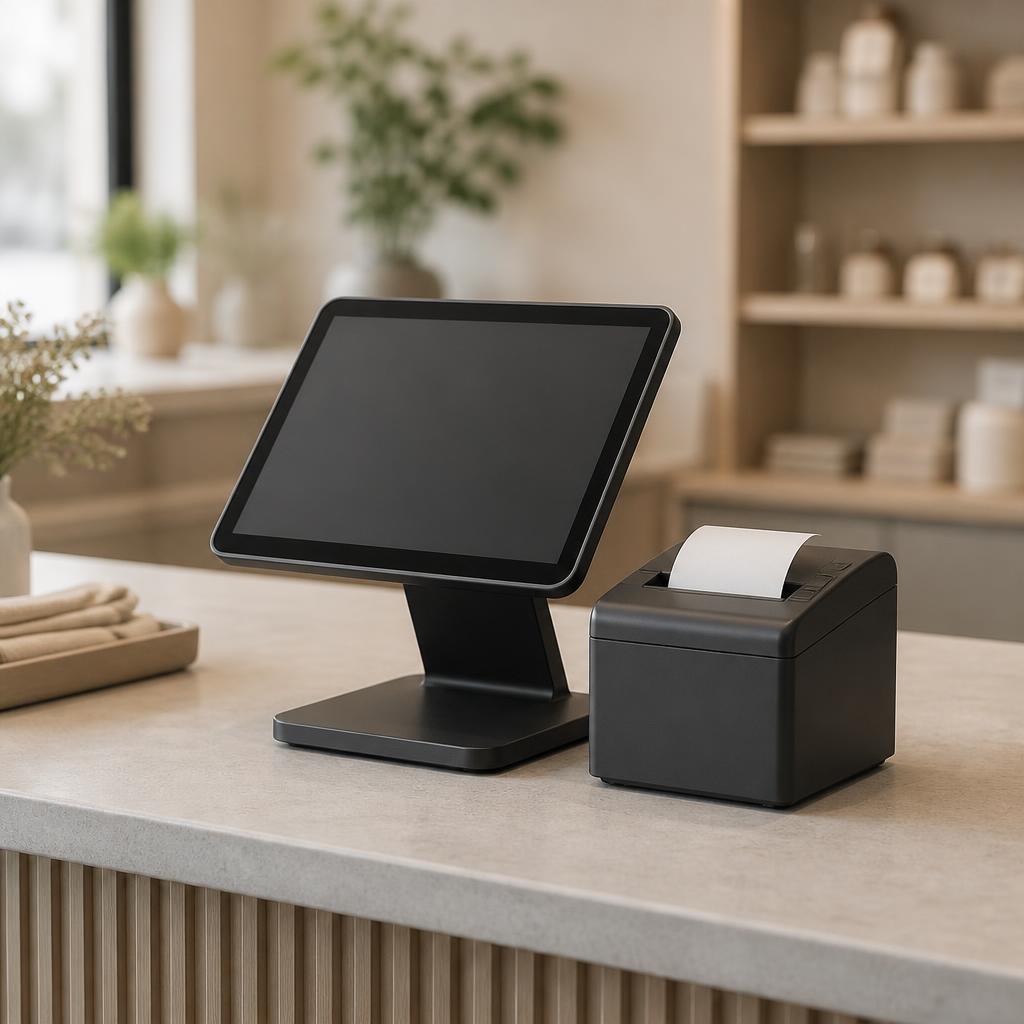 A generic unbranded countertop till screen next to a small receipt printer.