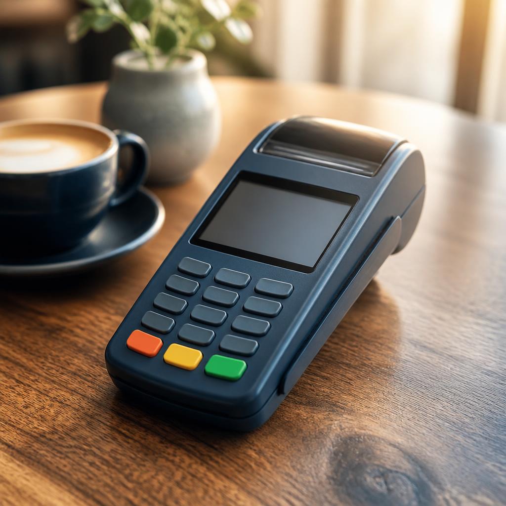 A generic unbranded handheld card terminal on a wooden café table.