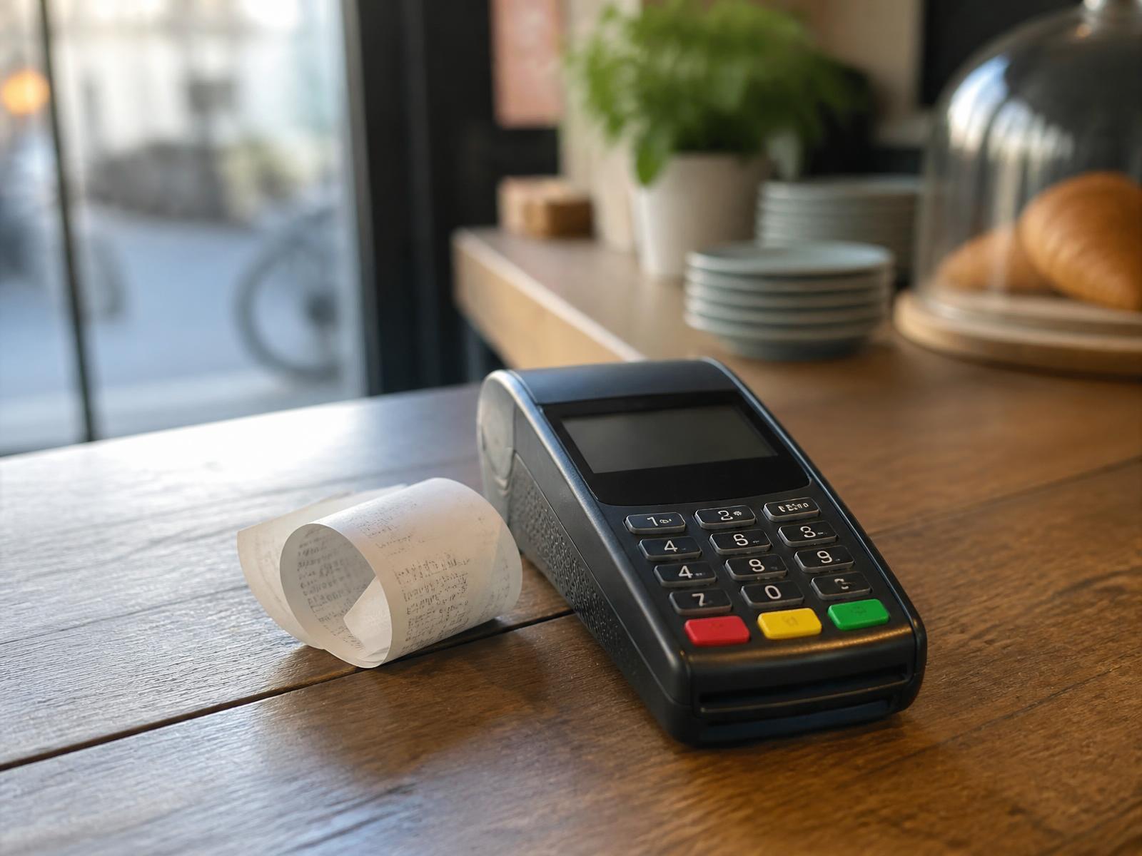 A generic portable card terminal on a café counter.