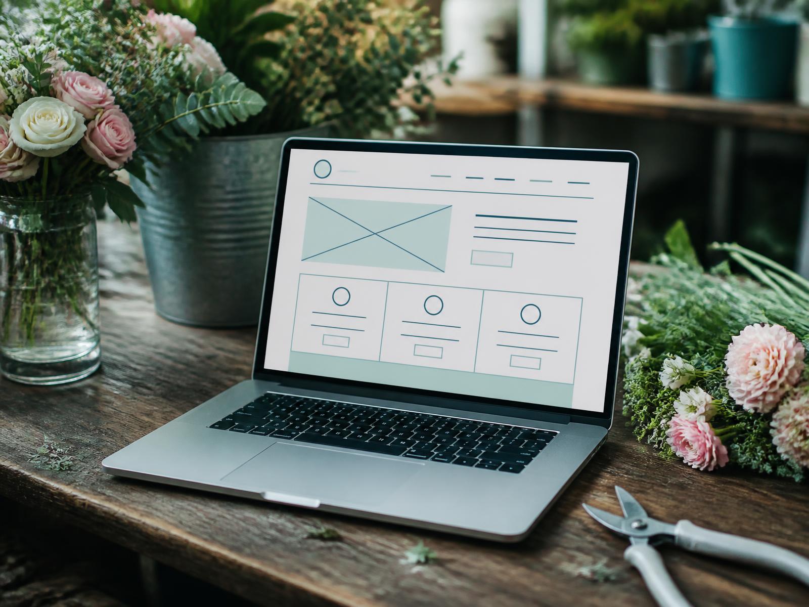 Laptop on a florist's workbench showing a wireframe website.